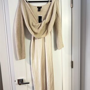 Elegant Cream satin Dress with knit cropped sweater